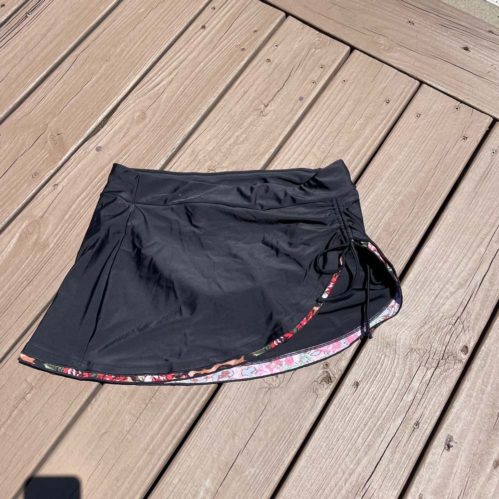 Black Swim Skirt with Floral Trim